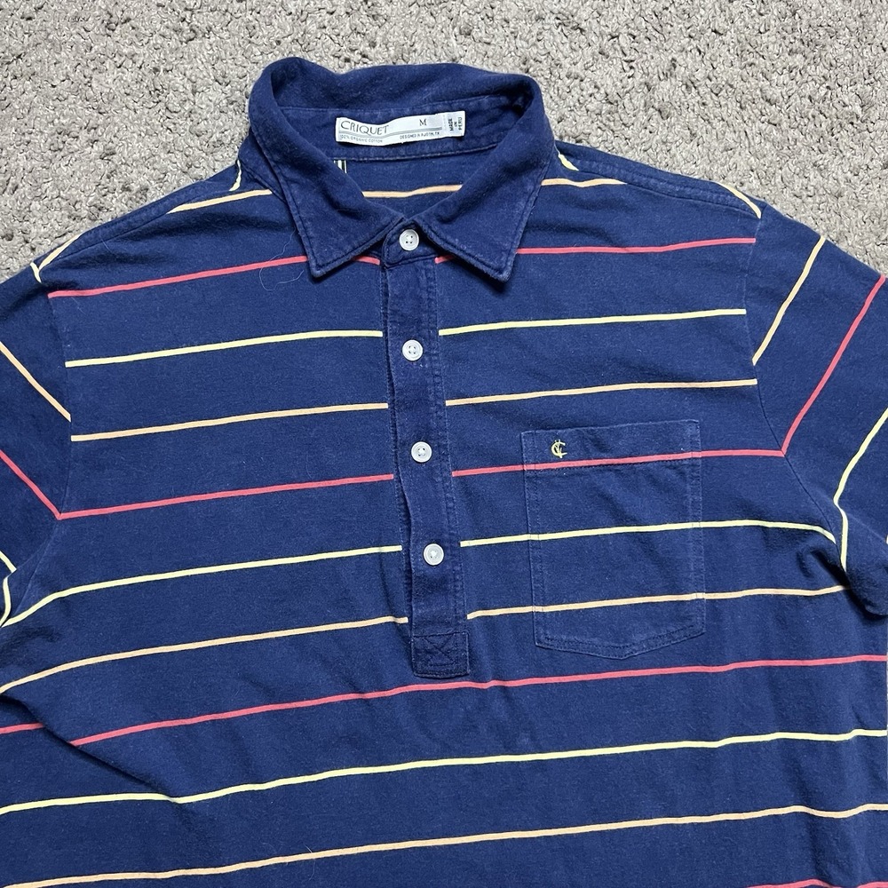 Criquet Polo Shirt Mens M Blue Stripe Organic Cotton Golf Pocket Casual